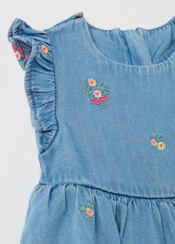 Ovs Abito In Denim A Balze Con Ricamo Fiori
