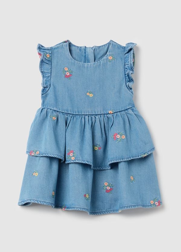 Ovs Abito in denim a balze con ricamo fiori