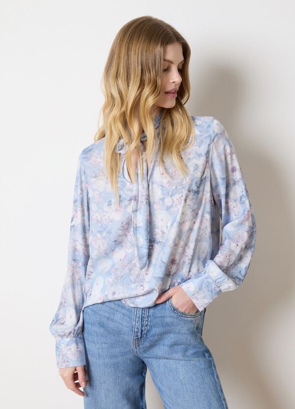 Ovs Blusa Azzurro In Fantasia Floreale Con Fiocco