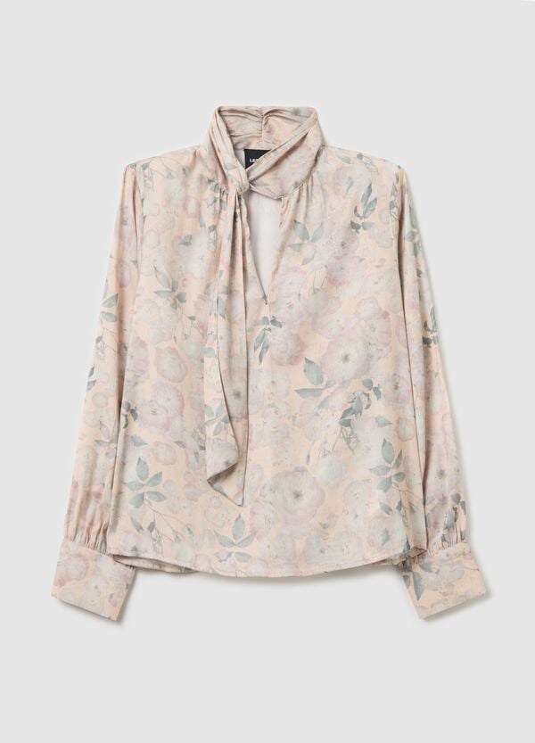 Ovs Blusa beige in fantasia floreale con fiocco
