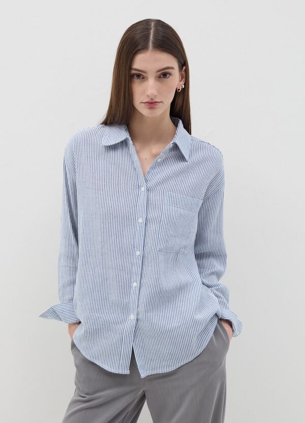 Ovs Camicia Blu A Righe In Cotone E Lino