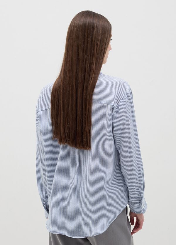 Ovs Camicia Blu A Righe In Cotone E Lino