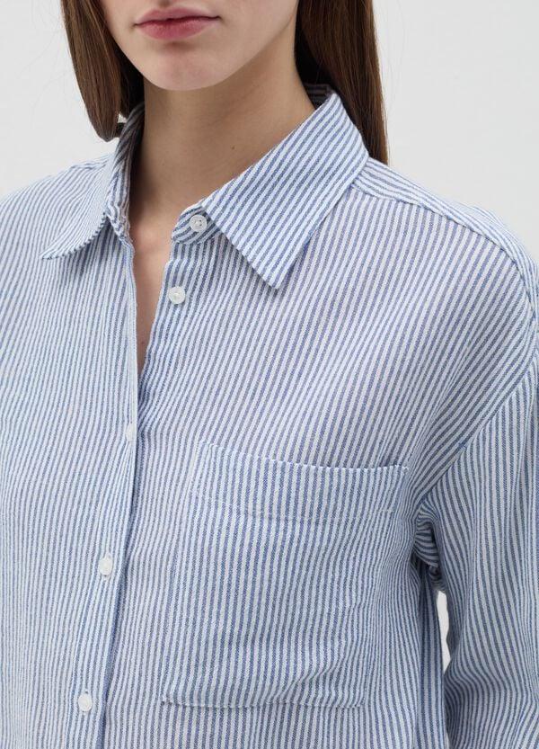 Ovs Camicia Blu A Righe In Cotone E Lino