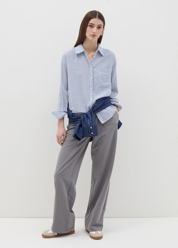 Ovs Camicia blu a righe in cotone e lino