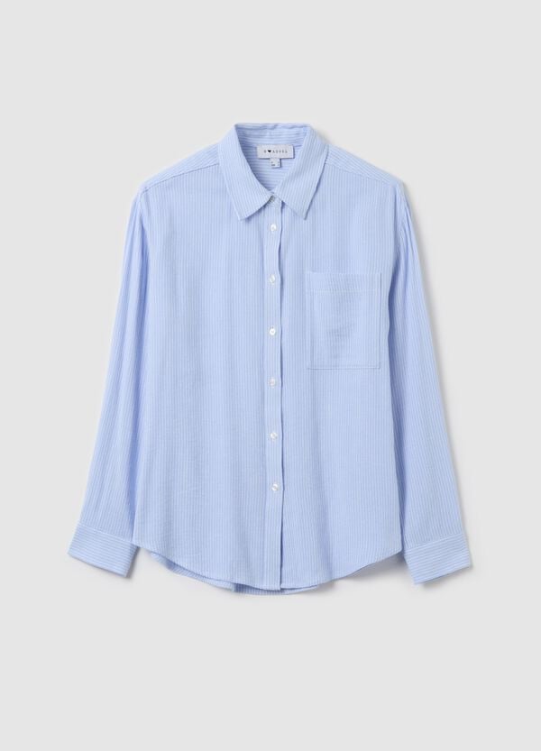 Ovs Camicia blu chambray a righe in cotone e lino