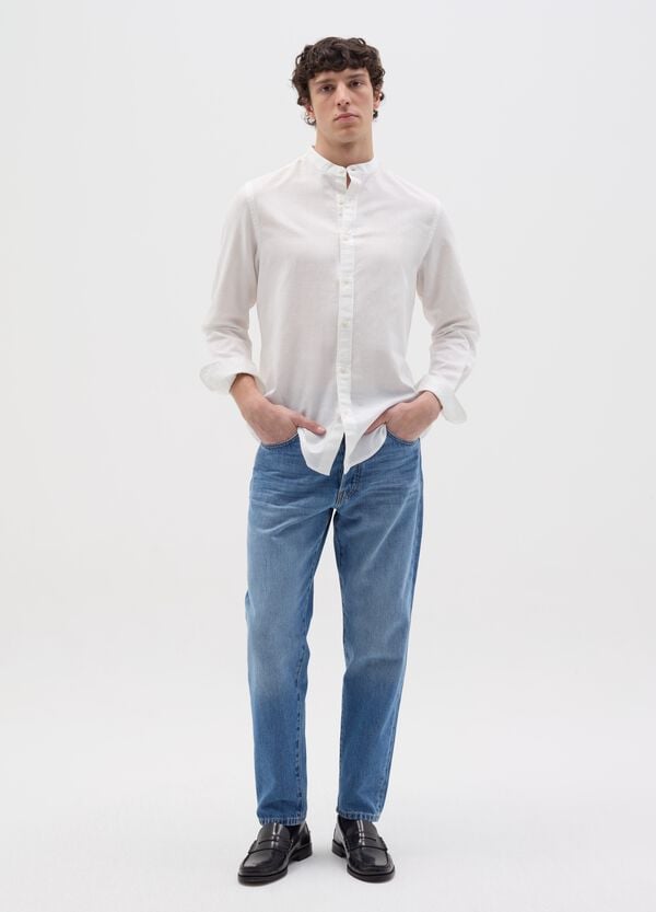 Ovs Camicia in cotone e lino collo alla coreana