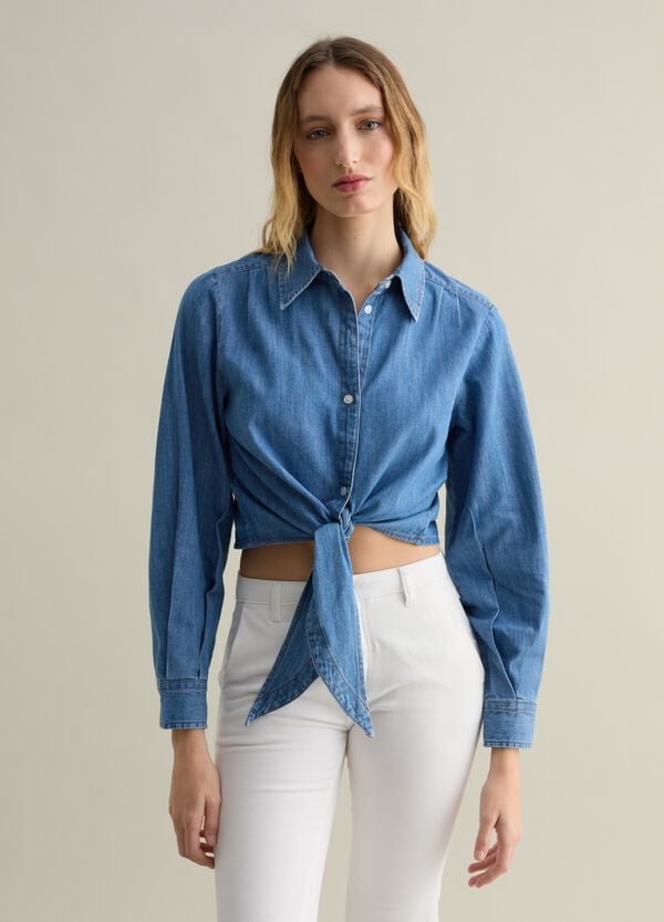 Ovs Camicia In Denim Blu Con Nodo