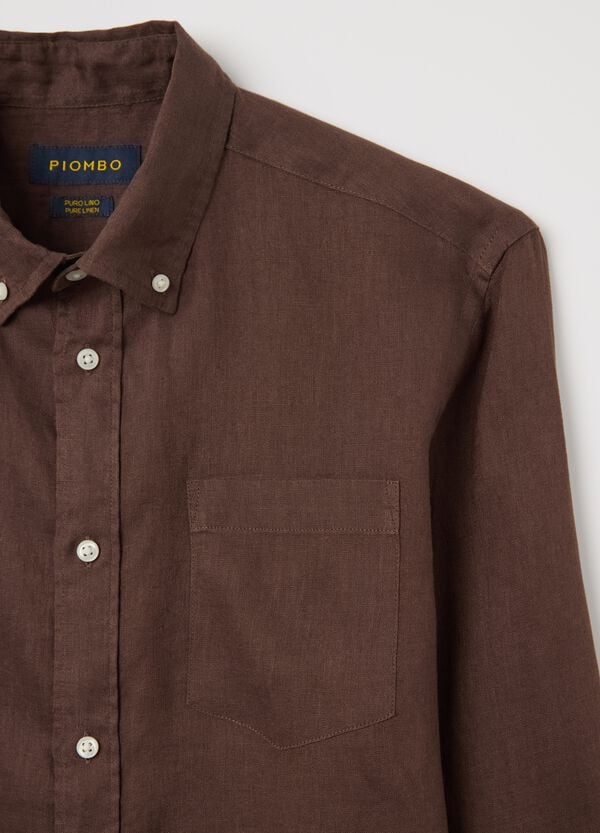 Ovs Camicia Marrone In Lino Colletto Button-down