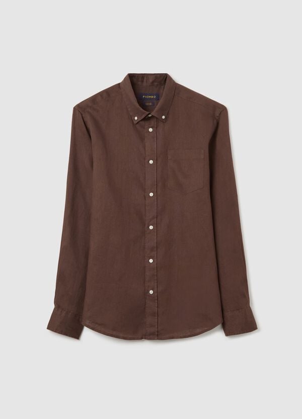Ovs Camicia marrone in lino colletto button-down