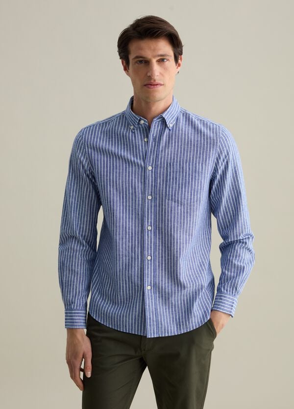 Ovs Camicia Regular Fit In Cotone E Lino A Righe