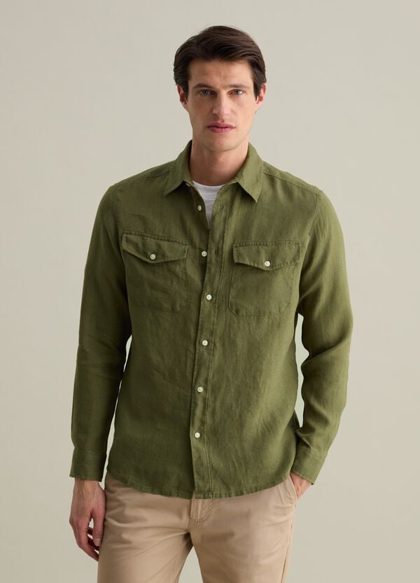 Ovs Camicia Regular Fit In Lino Con Tasche