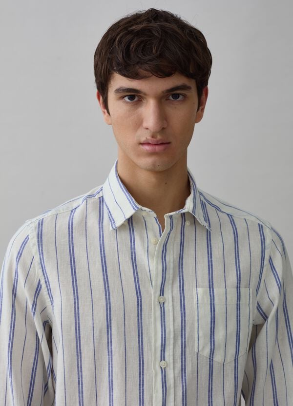 Ovs Camicia Regular Fit In Lino E Cotone A Righe