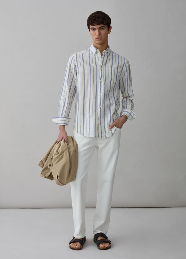 Ovs Camicia regular fit in lino e cotone a righe