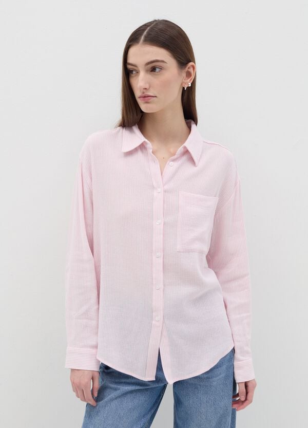 Ovs Camicia Rosa A Righe In Cotone E Lino