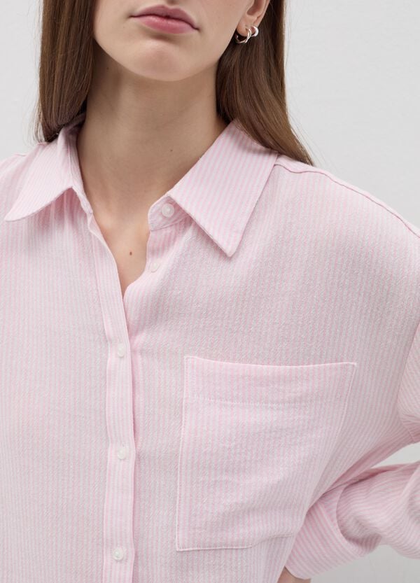 Ovs Camicia Rosa A Righe In Cotone E Lino