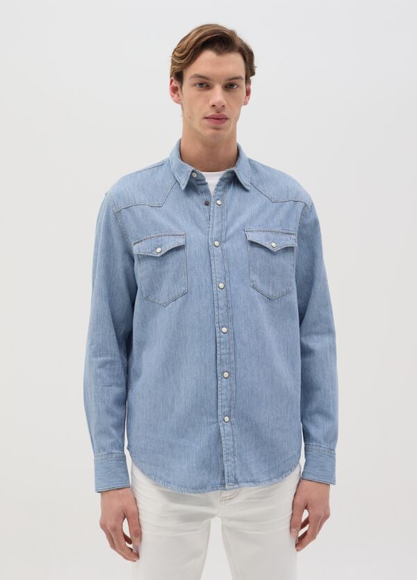 Ovs Camicia Western In Denim Con Bottoni Perlati