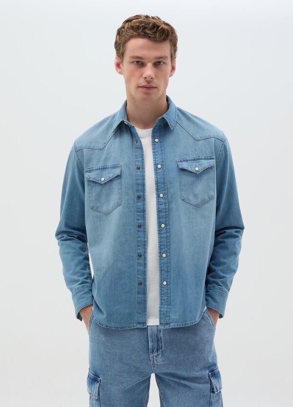 Ovs Camicia Western In Denim Con Bottoni Perlati