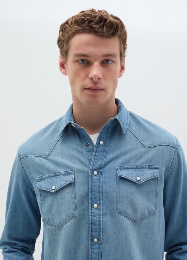 Ovs Camicia Western In Denim Con Bottoni Perlati