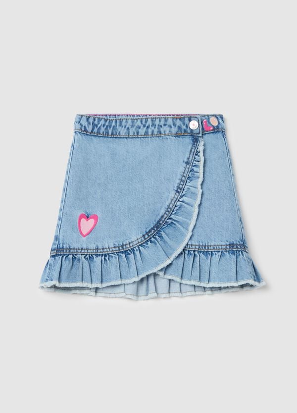 Ovs Gonna in denim con rouches e ricamo cuore
