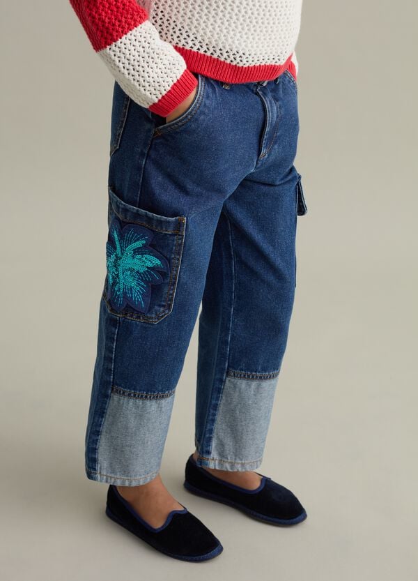 Ovs Jeans Cargo Con Fiore Di Paillettes