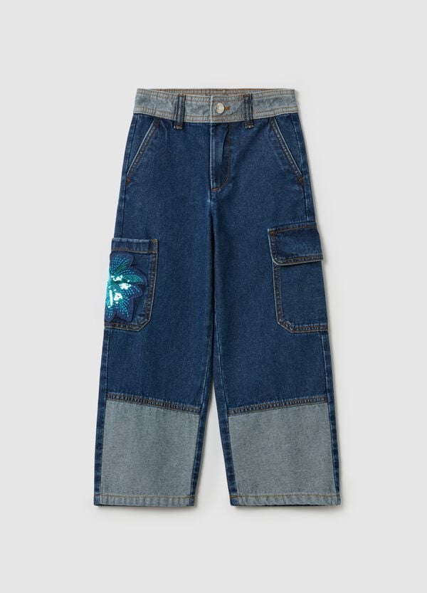 Ovs Jeans Cargo Con Fiore Di Paillettes