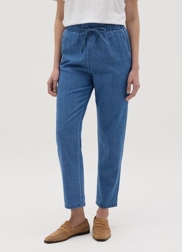 Ovs Joggers Cropped In Denim Con Coulisse