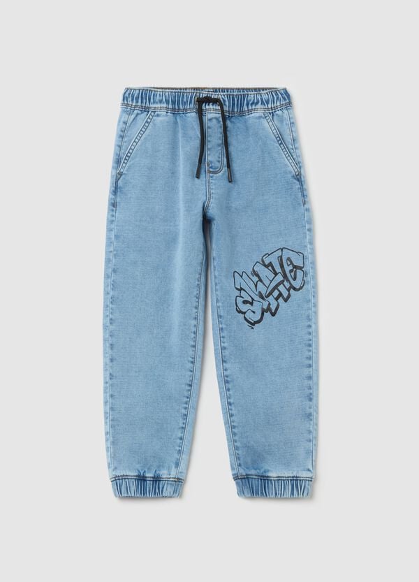 Ovs Joggers in denim con coulisse e stampa "Skate"