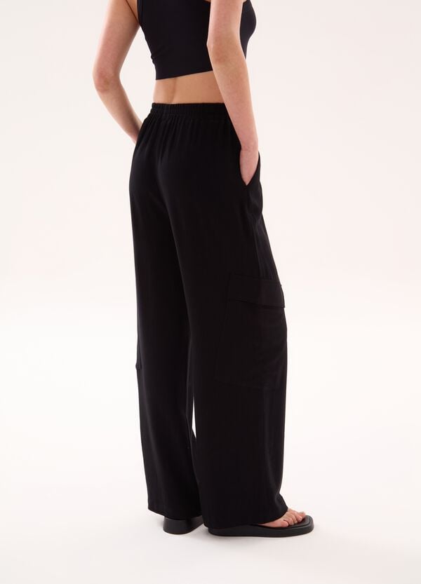 Ovs Linen Wide Leg Cargo Black