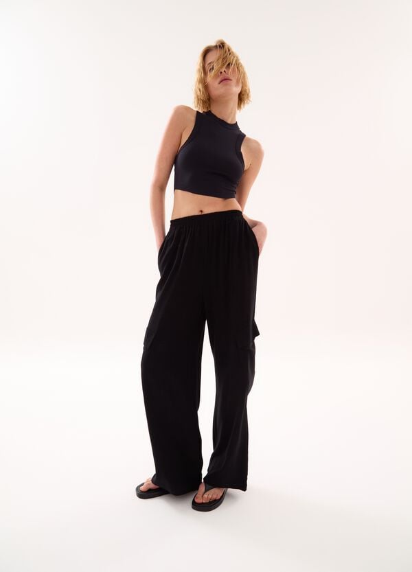 Ovs Linen Wide Leg Cargo Black