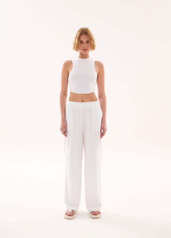 Ovs Linen Wide Leg Cargo White