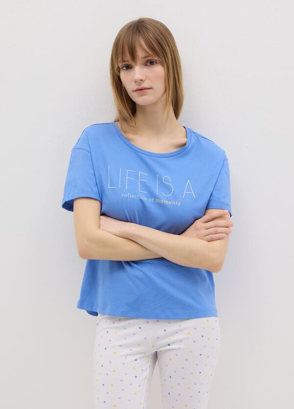 Ovs Pigiama In Cotone Bianco E Azzurro Con Stampa