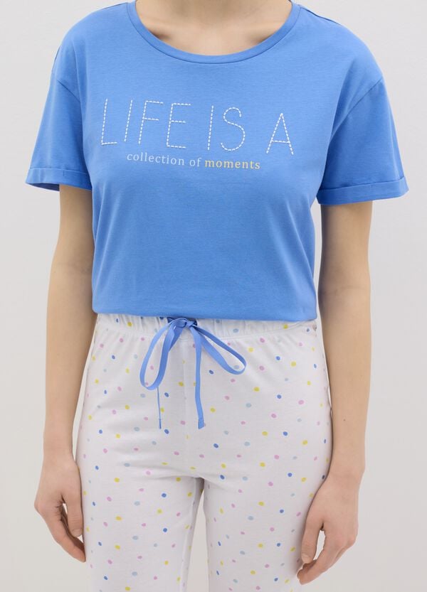 Ovs Pigiama In Cotone Bianco E Azzurro Con Stampa