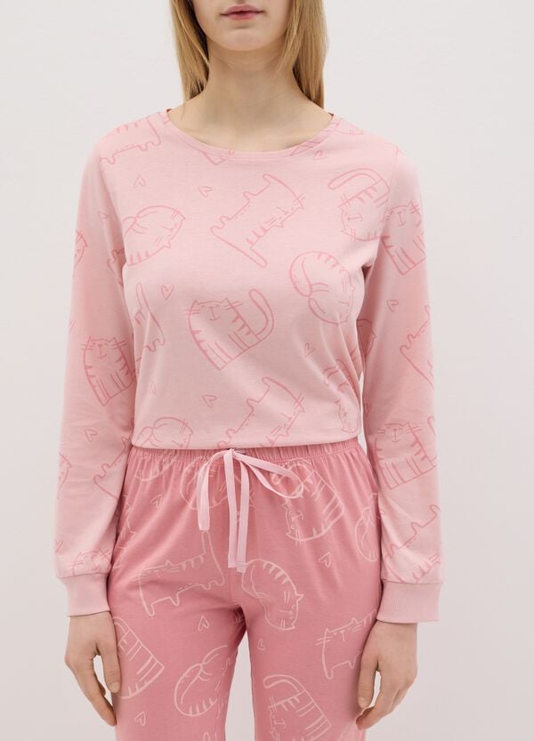 Ovs Pigiama In Cotone Rosa Con Stampa Gatti