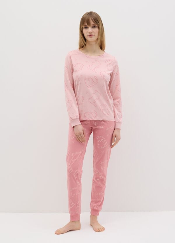 Ovs Pigiama in cotone rosa con stampa gatti