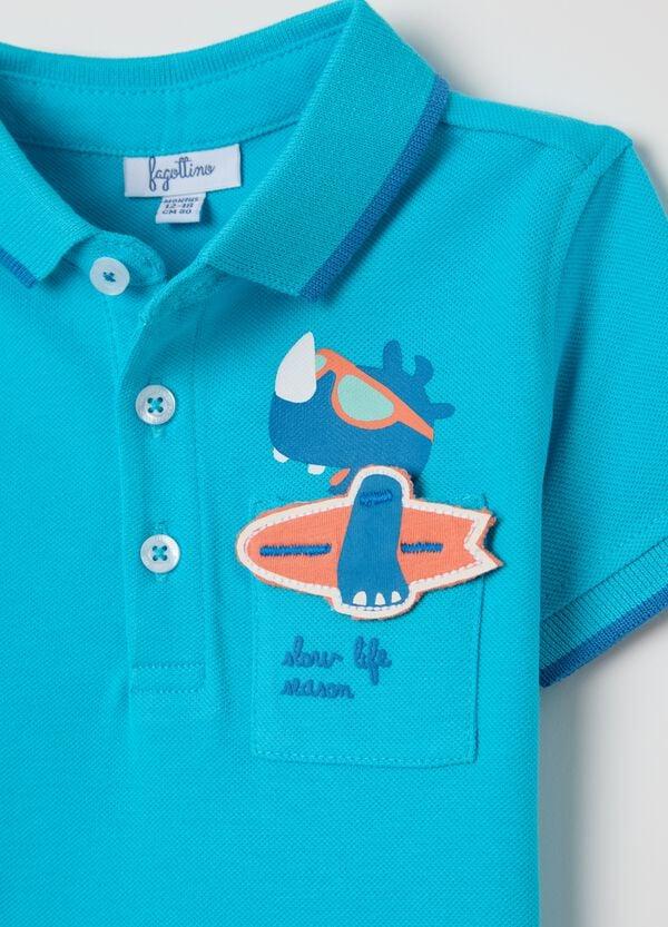 Ovs Polo Azzurra In Piquet Con Ippopotamo Surfista