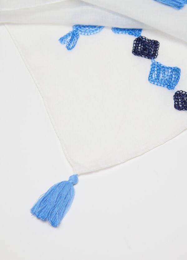 Ovs Sciarpa Bianca E Blu Con Ricami E Nappine