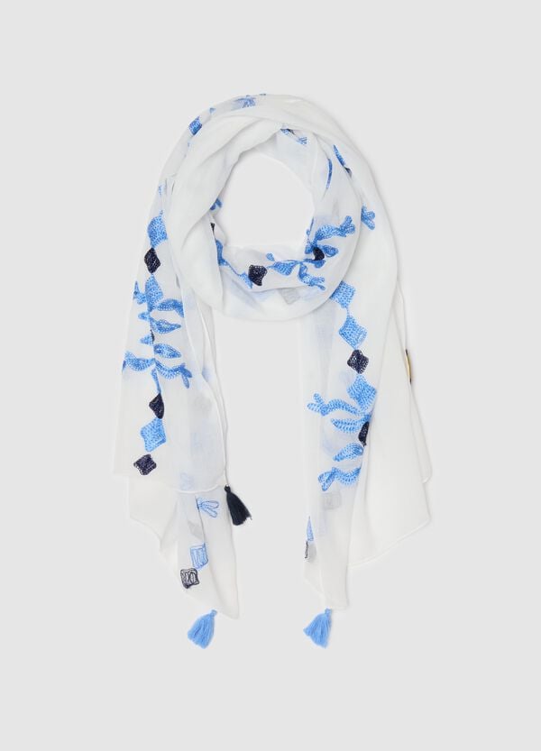 Ovs Sciarpa bianca e blu con ricami e nappine