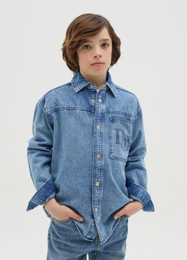 Ovs Shacket in denim acid wash con stampa