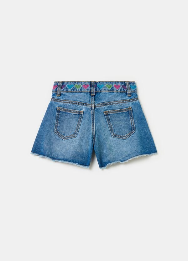 Ovs Shorts In Denim Con Ricamo Cuori