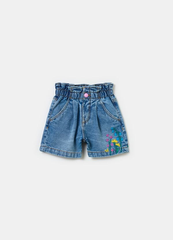 Ovs Shorts paper bag in denim con ricamo
