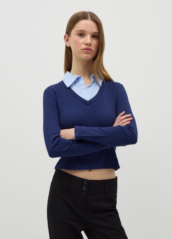 Ovs T-shirt A Costine Blu Con Colletto A Contrasto