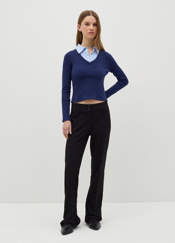 Ovs T-shirt a costine blu con colletto a contrasto