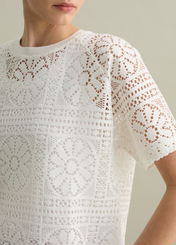 Ovs T-shirt Bianca A Maniche Corte In Pizzo