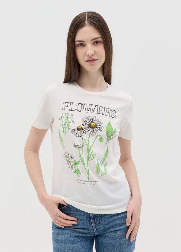 Ovs T-shirt bianca in cotone con stampa fiori
