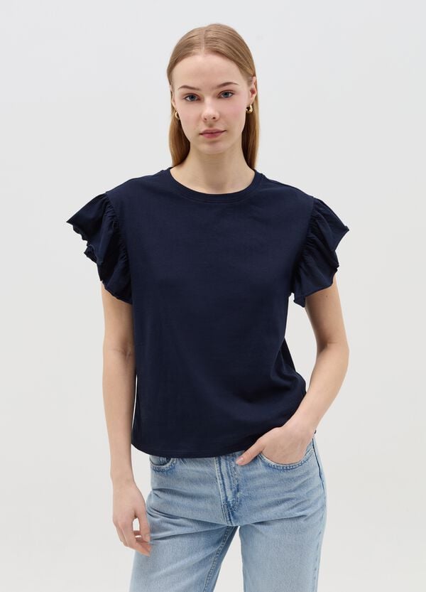 Ovs T-shirt blu con maniche corte e volant