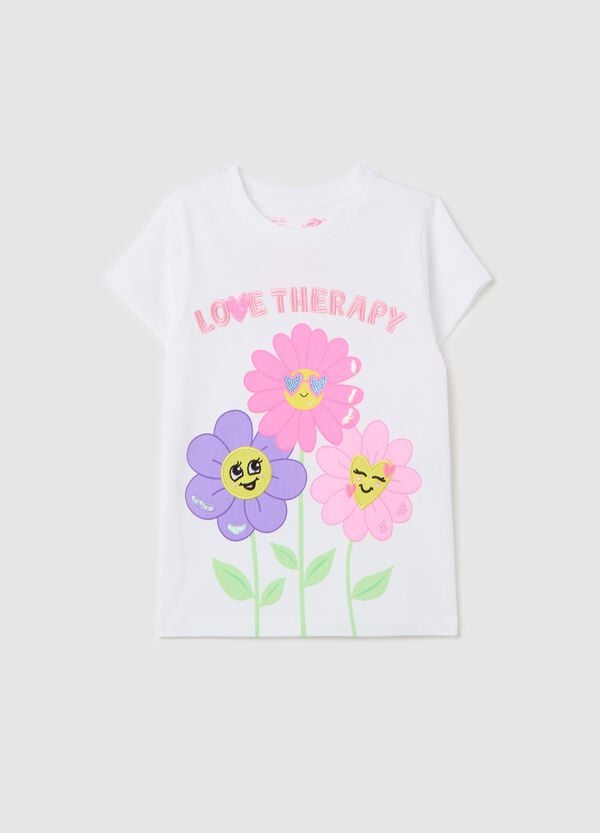 Ovs T-shirt con stampa fiori e ricamo lettering