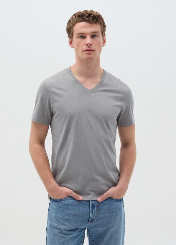Ovs T-shirt In Cotone Slub Con Scollo A V