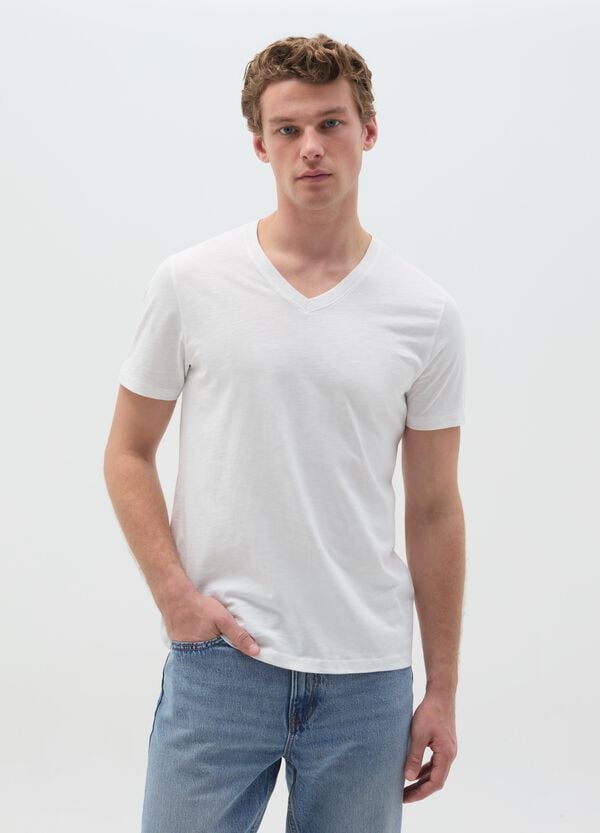 Ovs T-shirt In Cotone Slub Con Scollo A V