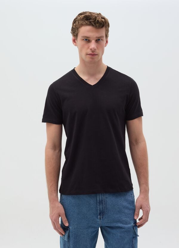 Ovs T-shirt in cotone slub con scollo a V