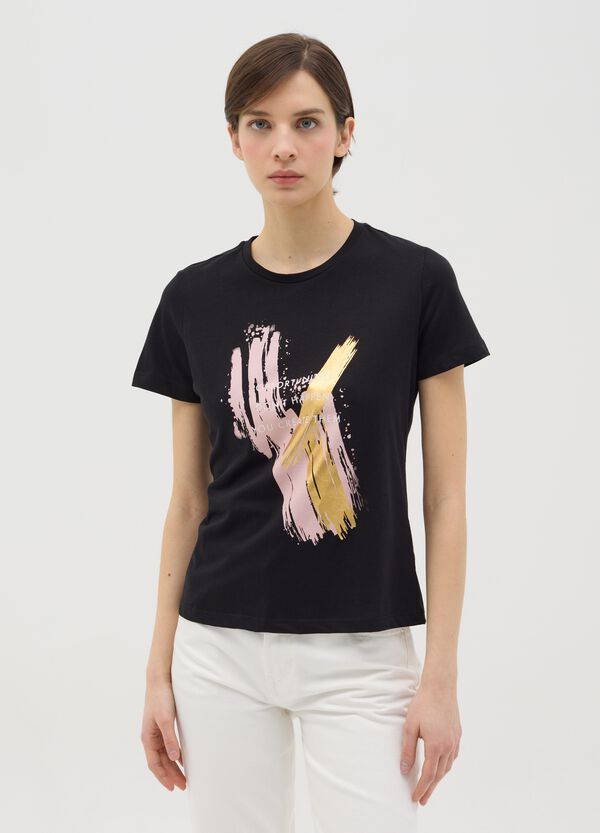 Ovs T-shirt Nera In Cotone Con Stampa In Foil